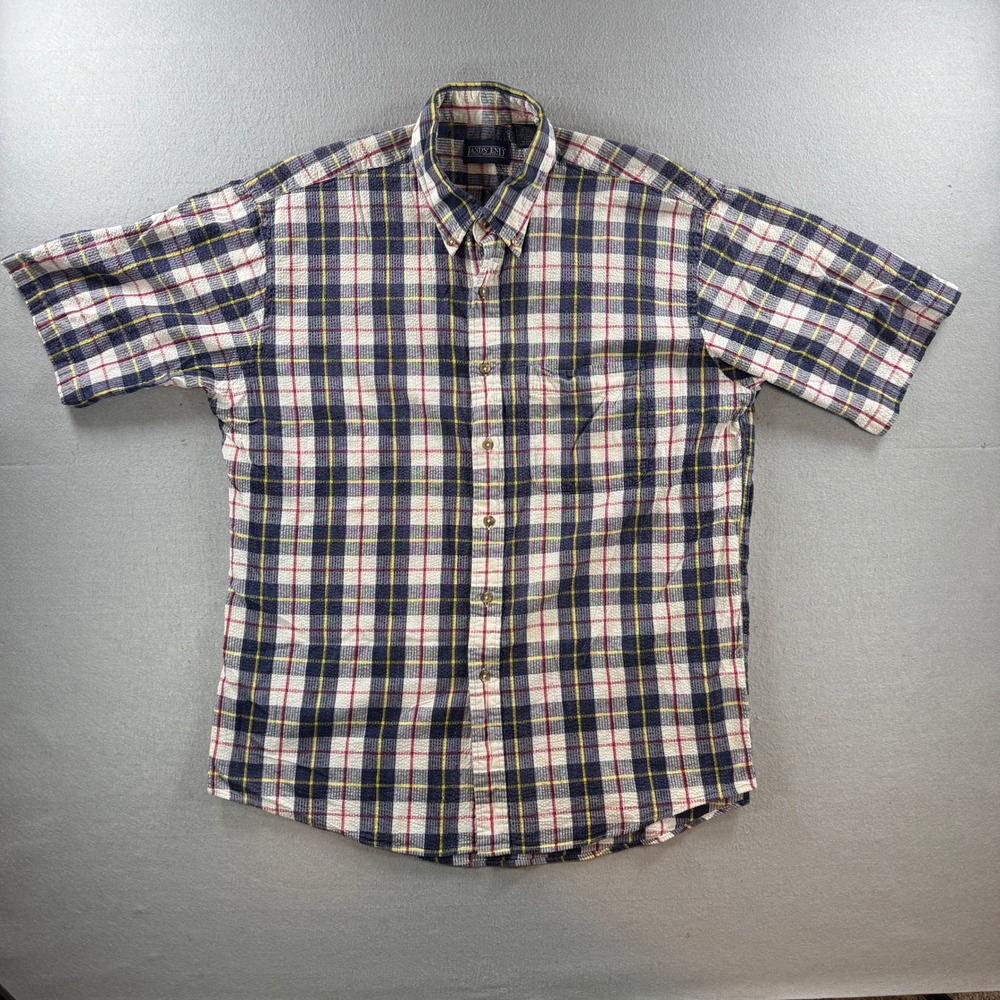 Vintage Lands End Button Up Shirt Men Large Multicolor Seersucker Plaid SS USA
